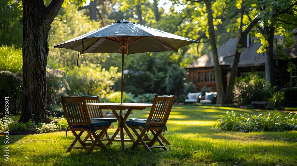 A family dinner at a wooden table with four chairs and a sun umbrella, arranged for a coffee picnic party on the grass near trees in a summer garden.