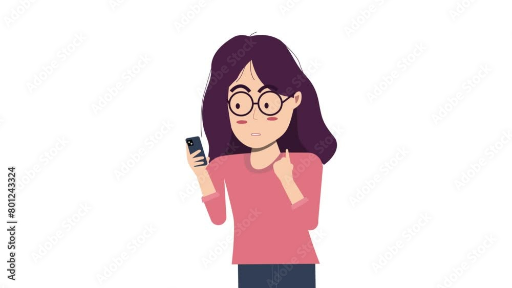 flat character of young girl character with pink top holding mobile phone explaining pose flat character of young girl character with pink top holding mobile phone explaining pose