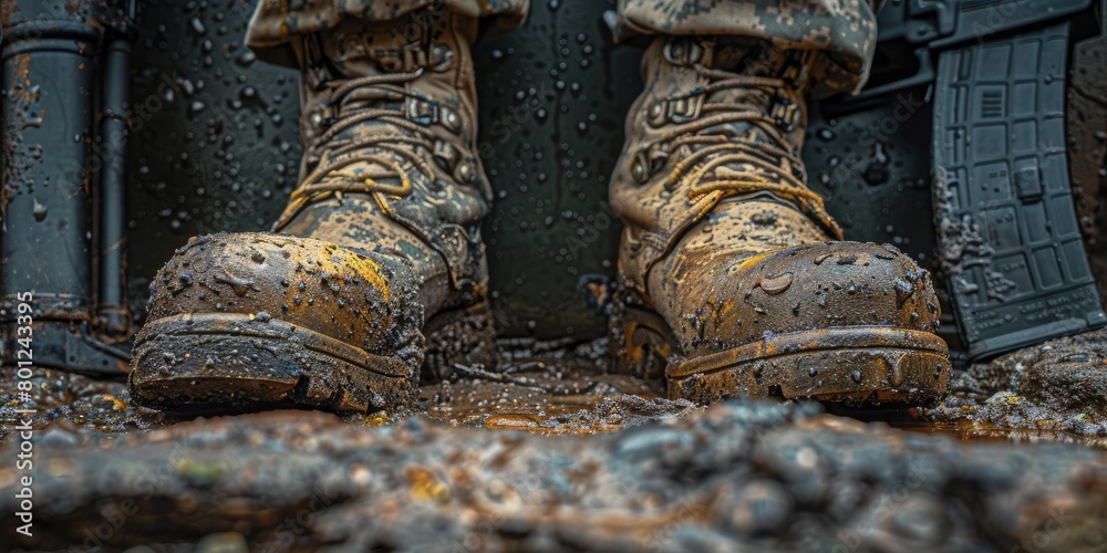 Empty boots, helmet, and rifle memorial setup, poignant reminder of the fallen, focus on texture and detail. Empty boots, helmet, and rifle memorial setup, poignant reminder of the fallen, focus on texture and detail.
