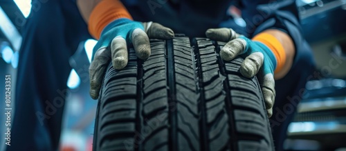 experienced hardworking mechanic in orange gloves is installing screws on a car wheel.