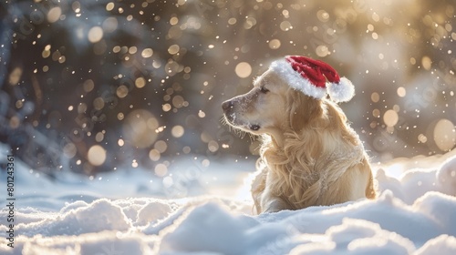 Dog with red Christmas cap in snow field in winter photo