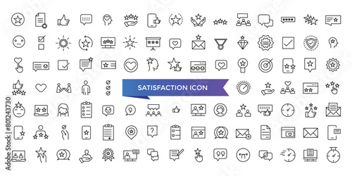 Satisfaction icon collection. Related to happiness, fulfillment, satisfied, joy, recommend, thankful, gratification and positive feedback. Vector Line symbol set.