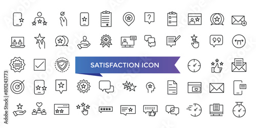 Satisfaction icon collection. Related to happiness, fulfillment, satisfied, joy, recommend, thankful, gratification and positive feedback. Vector Line symbol set.