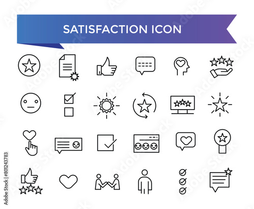 Satisfaction icon collection. Related to happiness, fulfillment, satisfied, joy, recommend, thankful, gratification and positive feedback. Vector Line symbol set.