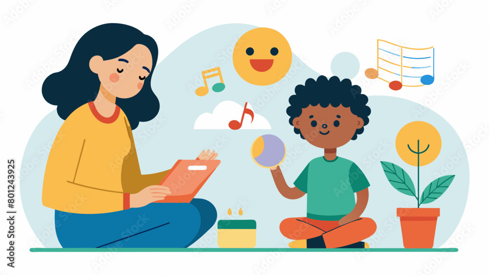 In a music therapy session for children with sensory processing disorder the the creates a multisensory experience with different textures smells and. Vector illustration In a music therapy session for children with sensory processing disorder the the creates a multisensory experience with different textures smells and. Vector illustration