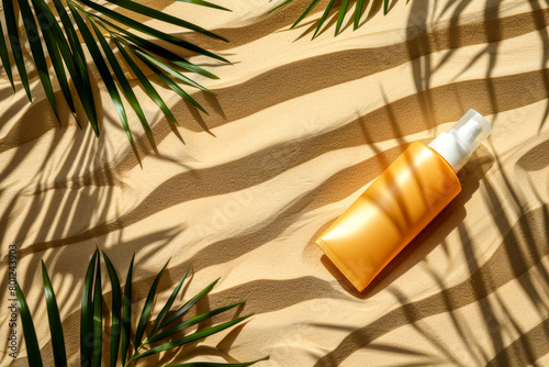 sunscreen in an orange tube lies on a background of sand with tropical leaves and copy space. Sun protection. vacation planning.