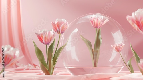 3D rendering image of pink tulips in a glass dome on a pink background.