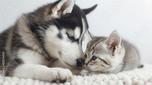 Portrait of a Husky dog sleep with a cat over plain background