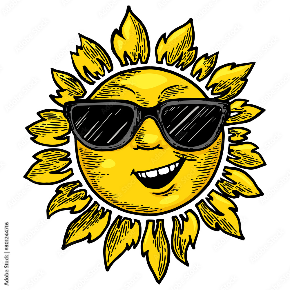 Cartoon sun with face in sunglasses color sketch engraving PNG ...