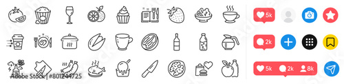 Water bottle, Cupcake and Romantic dinner line icons pack. Social media icons. Coffee delivery, Coffee cup, Ice cream web icon. Knife, Grilled sausage, Popcorn pictogram. Vector