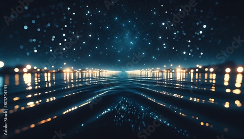 水辺に映る街の灯りと夜の星空 photo