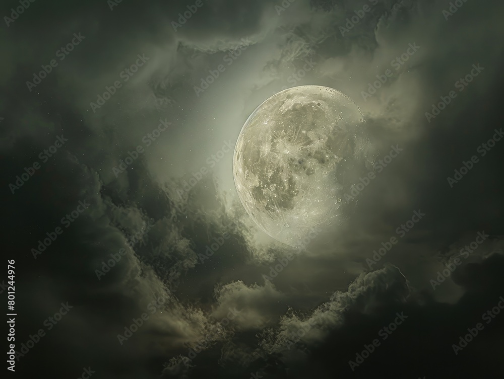 captivating scene where the full moon hangs majestically in the night sky, its silvery light casting a mesmerizing glow behind billowing clouds. In this dark shot,