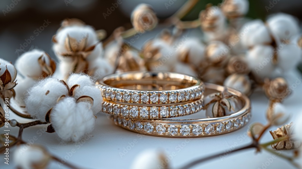 Exquisite golden wedding bands nestled among soft cotton bolls, symbolizing timeless elegance and romantic commitment Exquisite golden wedding bands nestled among soft cotton bolls, symbolizing timeless elegance and romantic commitment