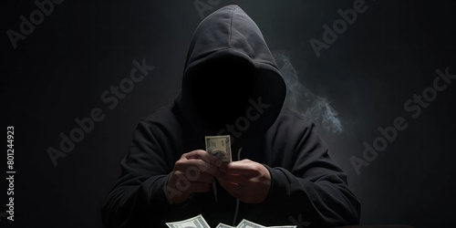 Shadowed figure counting US dollars, cybercrime and online financial fraud theme. Internet financial security breach concept with copy space.