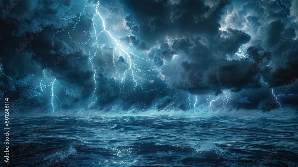 Stormy ocean with waves, dark clouds, and multiple lightning strikes, creating an ominous atmosphere, banner