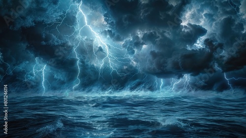 Stormy ocean with waves  dark clouds  and multiple lightning strikes  creating an ominous atmosphere  banner