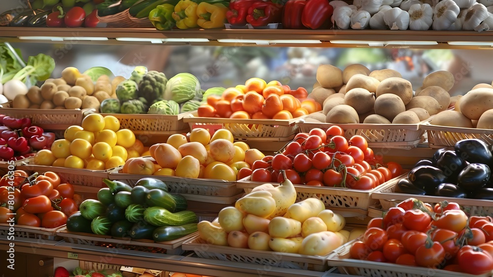 Supermarket produce section with fresh fruits and vegetables for sale . Concept Fresh Produce, Supermarket Shopping, Healthy Eating, Farm to Table, Food Market