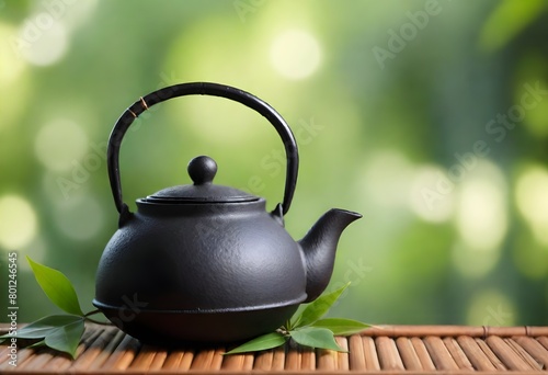 A cast iron teapot with a leaf on a bamboo mat in a blurred green natural background