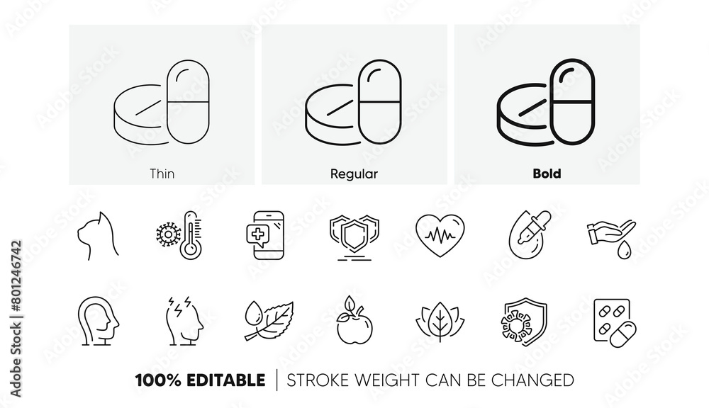 Stress, Shields and Eye drops line icons. Pack of Pets care, Capsule pill, Thermometer icon. Eco food, Leaf dew, Psychology pictogram. Organic tested, Medical phone, Heartbeat. Line icons. Vector Stress, Shields and Eye drops line icons. Pack of Pets care, Capsule pill, Thermometer icon. Eco food, Leaf dew, Psychology pictogram. Organic tested, Medical phone, Heartbeat. Line icons. Vector