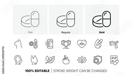 Stress, Shields and Eye drops line icons. Pack of Pets care, Capsule pill, Thermometer icon. Eco food, Leaf dew, Psychology pictogram. Organic tested, Medical phone, Heartbeat. Line icons. Vector