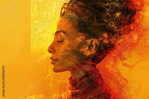 Egyptian Culture concept. Profile portrait of a young brunette woman as Queen Nefertiti over yellow background. Retro, vintage style. Close up. Minimalistic style. Double exposure. Studio shot photo