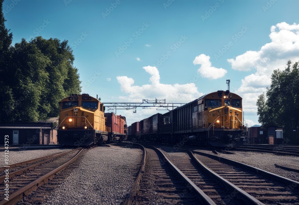 Fototapeta premium 'station freight trains train cargo industry junction railway shipping sunset transit transportation carriage cloud commercial dark deliver delivery depot dusk economy electrified'