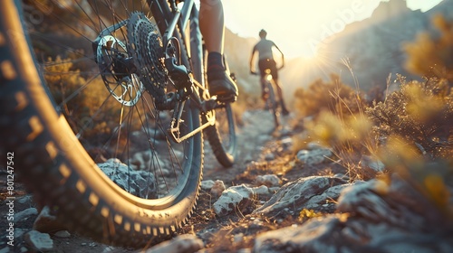 Active cyclist biker enjoys sport and transport in the outdoor mountain landscape, promoting a motivation for an active lifestyle against a background of action. at sunrise photo
