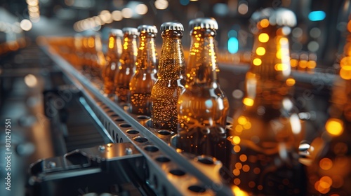 Close-up of beer bottles on a conveyor belt, capturing the motion and precision of the filling process.