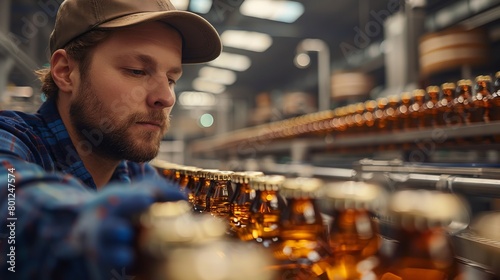 Detailed view of quality control in a brewery bottling line, inspector checking the clarity and fill level. photo