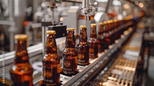 The production in beer factory. Brewery conveyor with glass beer drink alcohol bottles  modern production line. Blurred background. Modern production for bottling drinks. Selective focus.