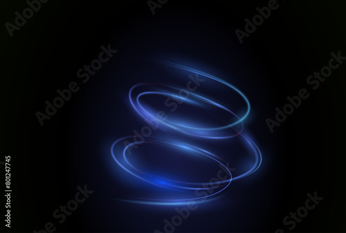 Abstract vector light lines swirling in a whirl. Light simulation of line movement. Light trail from the ring. Illuminated podium for promotional products. 