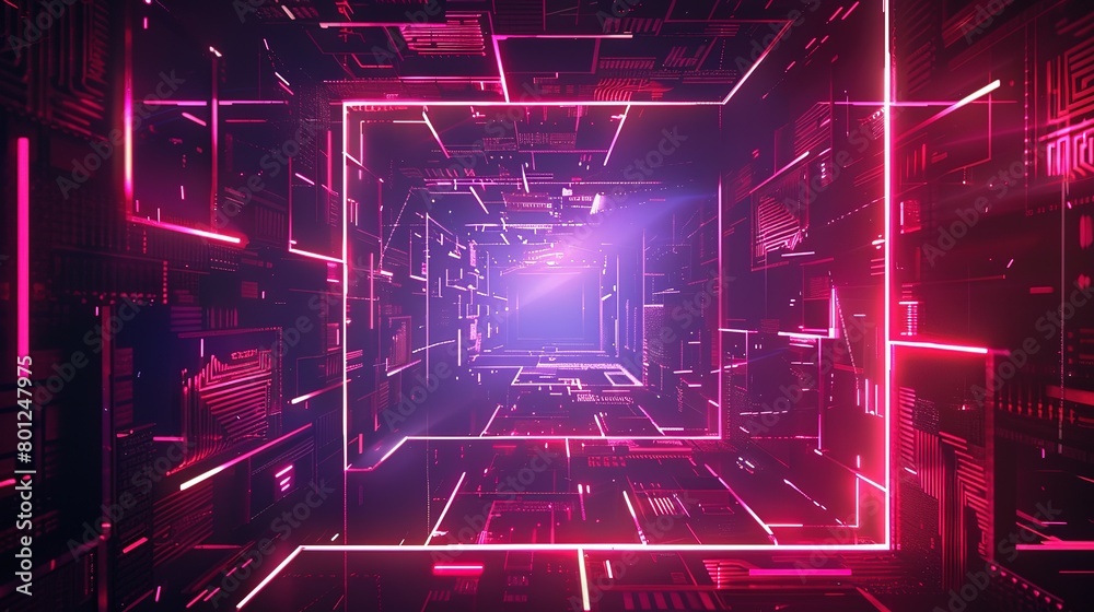 Fototapeta premium abstract background futuristic tunnel void with neon light glow to infinite perspective, space and cybernetic theme, Generative Ai