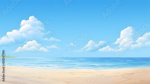 Sandy Serenity  Blue Waters  Sunny Skies. Realistic Beach Landscape. Vector Background