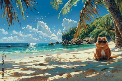 summer rest. cool funny guinea pig in sunglasses sunbathes on the beach. summer holidays. funny animals