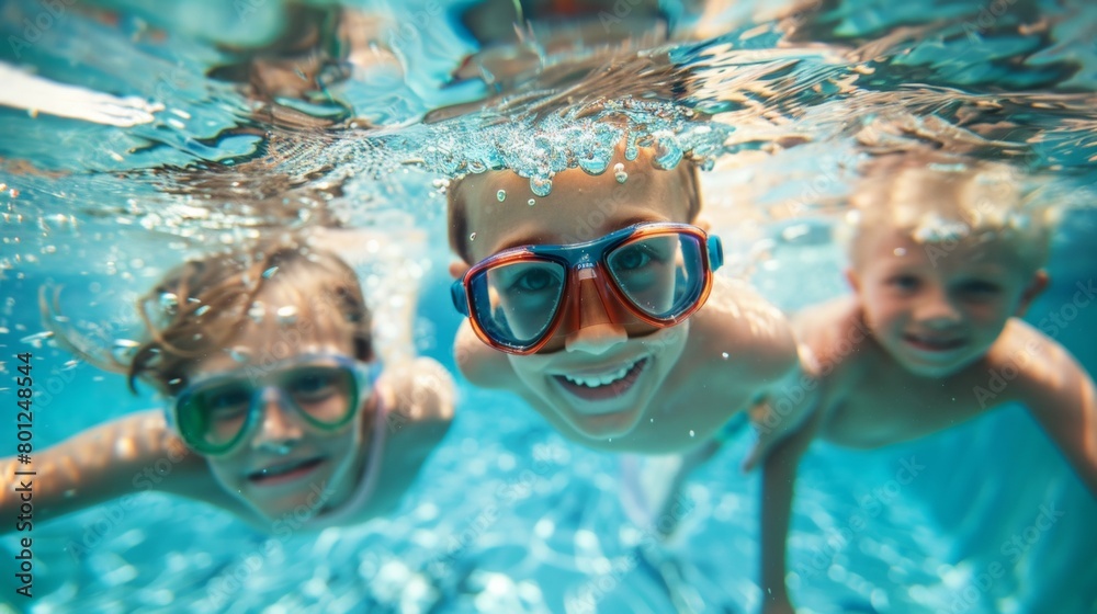 Underwater group portrait of happy children in swimming pool.
