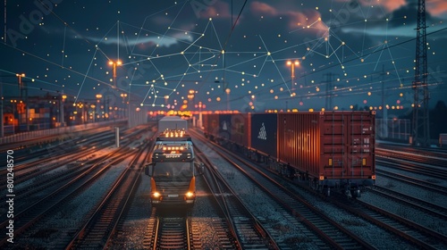 Futuristic depiction of a busy freight hub with illuminated digital overlays, showcasing the integration of technology in logistics