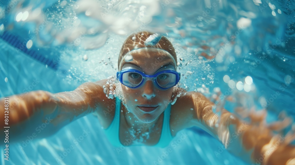 Naklejka premium An athlete swimming in water with water splash in pool