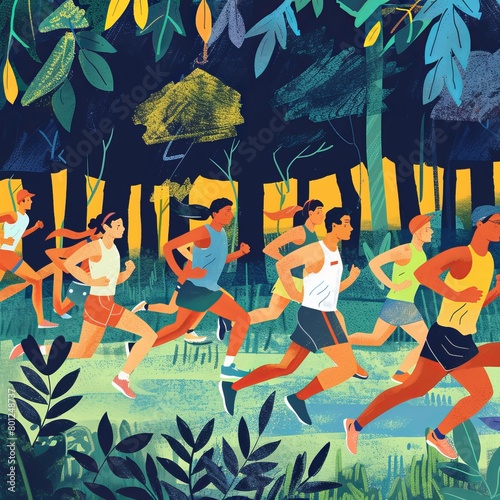 Sport colorful background with silhouettes of running people at park. Illustration with mans and womans in sportswear in active healthy lifestyle.  photo