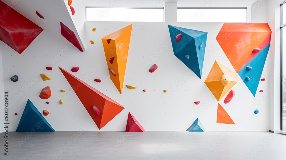 Climbing White Walls with colorful Artificial Elements in Bouldering Center Climbing White Walls with colorful Artificial Elements in Bouldering Center