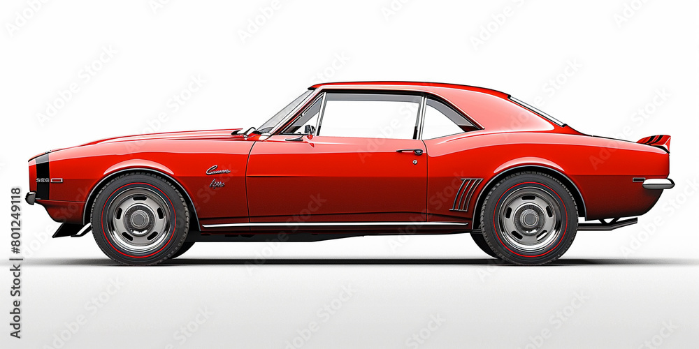 Side view of red american muscle car in white background