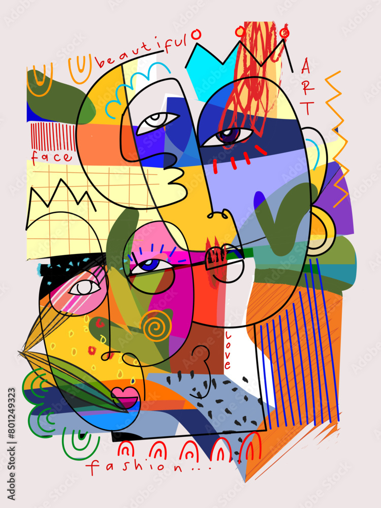 Group of colorful abstract face portrait cubism, decorative, doodle, line art hand drawn vector illustration wall art.
