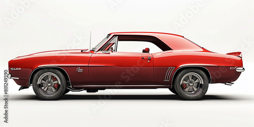 Side view of red american muscle car in white background © Ricardo Costa