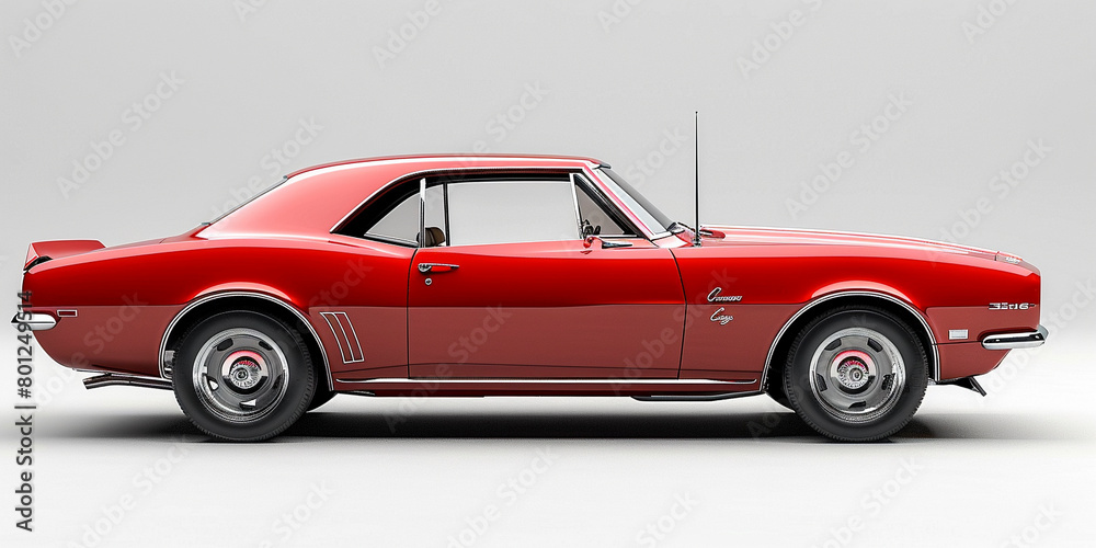 Side view of red american muscle car in white background Side view of red american muscle car in white background