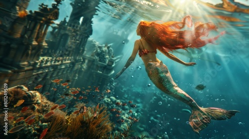 Beautiful mermaid swimming underwater in deep sea with ancient city ruin lost civilization.