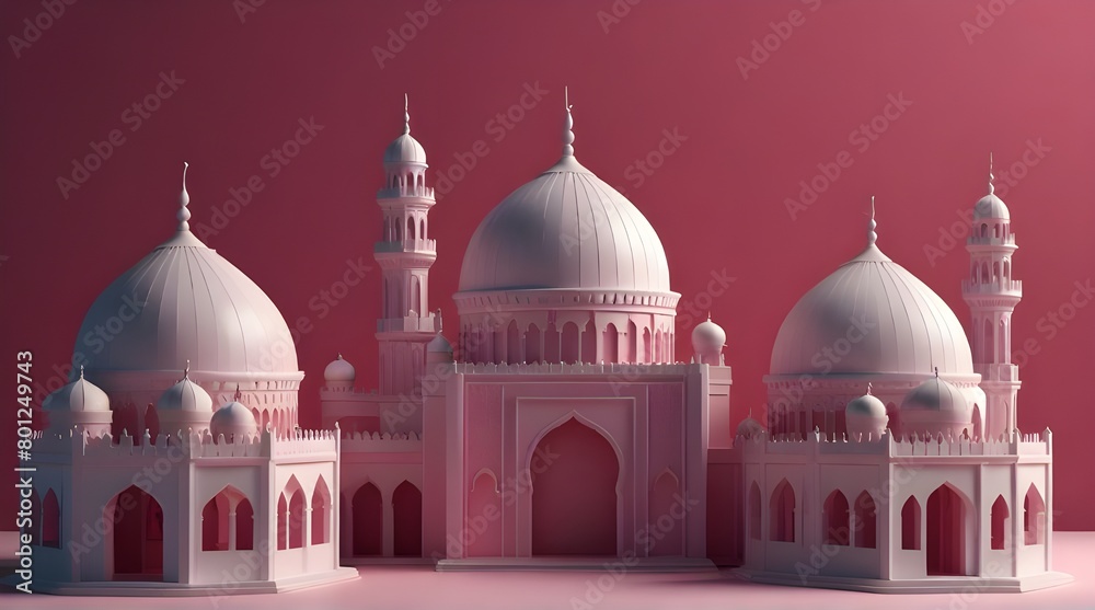 3d mosque with white and slight pink gradations on a bright pink background.generative.ai 3d mosque with white and slight pink gradations on a bright pink background.generative.ai