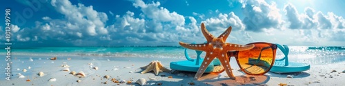 Tropical beach essentials with colorful flip-flops, sunglasses, and starfish on a pristine sandy shore