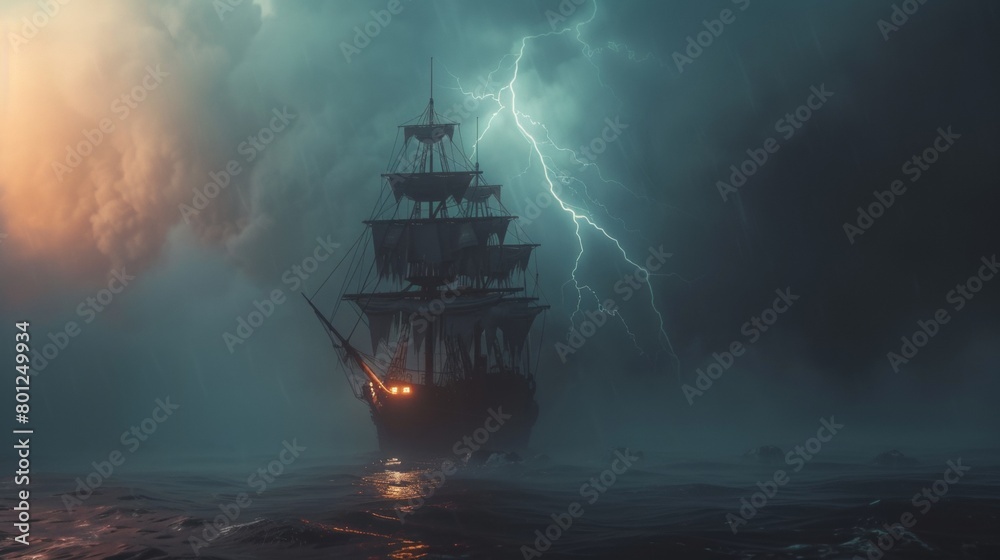 Sailing ship in sea water in rain thunderstorm.