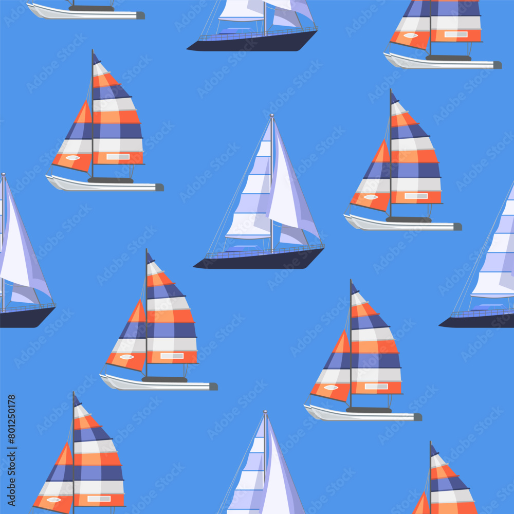 Seamless pattern of a yacht with multi-colored sails on a blue background. Vector pattern of marine transport for textiles, summer designs. Seamless pattern of a yacht with multi-colored sails on a blue background. Vector pattern of marine transport for textiles, summer designs.