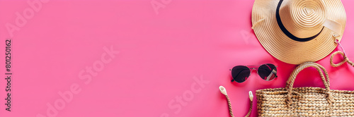 Sun hat and sunglasses beach bag web banner. Beach bag with accessories isolated on pink background.
