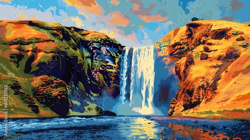 iceland tall waterfall landscape abstract art poster background